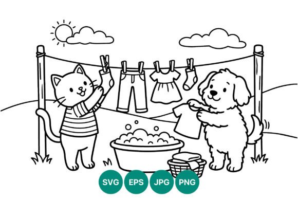 Cat and Dog Hanging Clothes Line Art Review