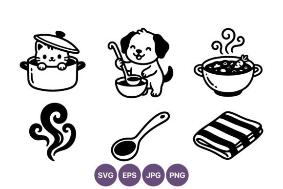Cat in Pot Dog Stirring Soup Line Art Review