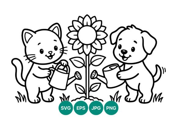 Cute Cat and Dog Watering Sunflower Review