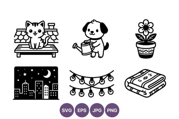 Cute Cat Dog Flower Night City Vector