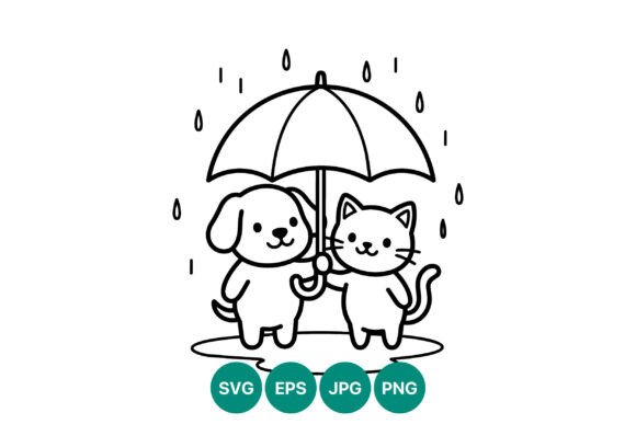 Dog and Cat Umbrella Line Art Cute Pets