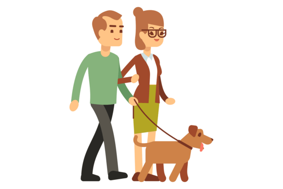 Happy Couple Walk with Dog. Cartoon Man