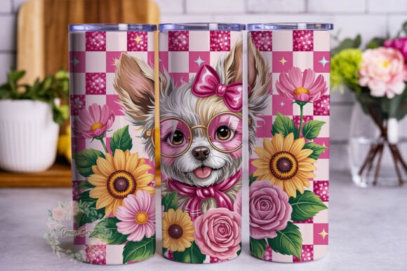 Pink Plaid Dog with Sunflowers Tumbler Wrap