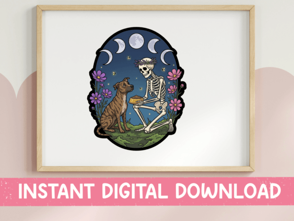 Skeleton Reading to Dog Under Moon Embroidery Review